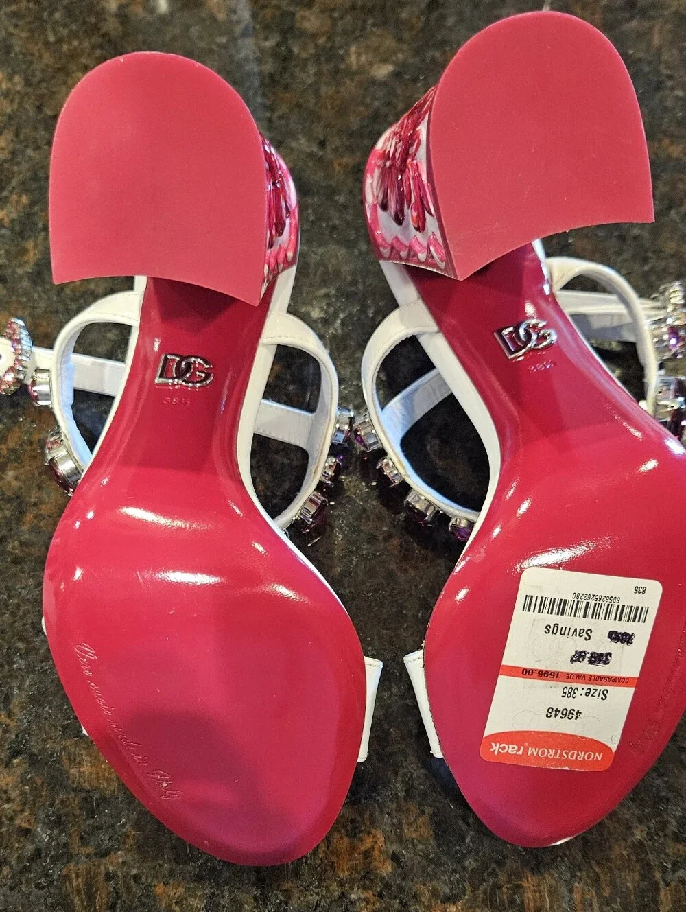 Dolce & Gabbana Size 38.5 (Size 8) White Sandals with Fuchsia Gem Accents